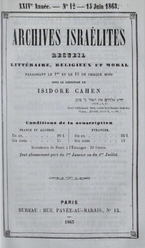 Archives israélites de France. Vol.24 N°12 (15 juin 1863)